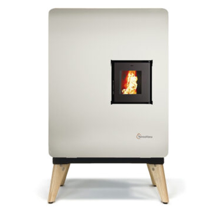 Stufa a pellet ermetica TermoVana Wave 8,0 Plus Bianca con piedini in legno, 7kW