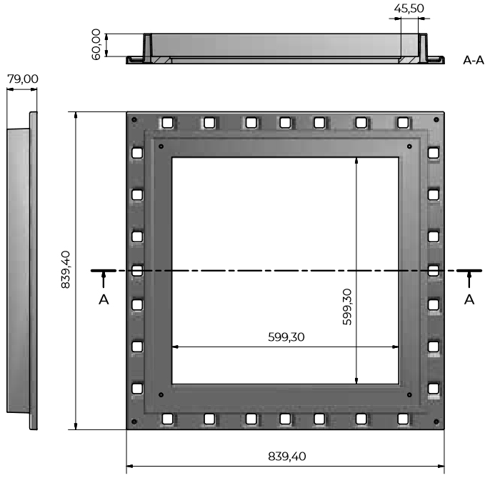 Schema tecnico telaio coperchio pozzetto 700x700mm Dakota Seventy